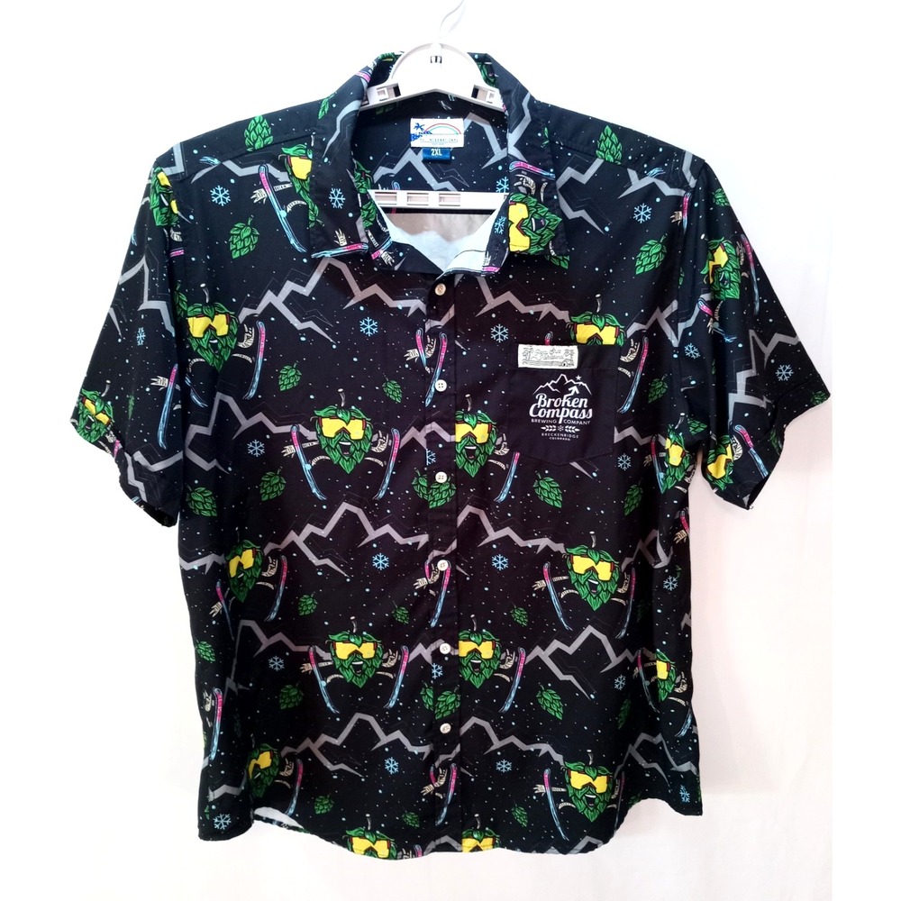 Broken Compass Brewing Men's Short Sleeve Casual Shirt 2XL, Skiing Hop Cone, PSI